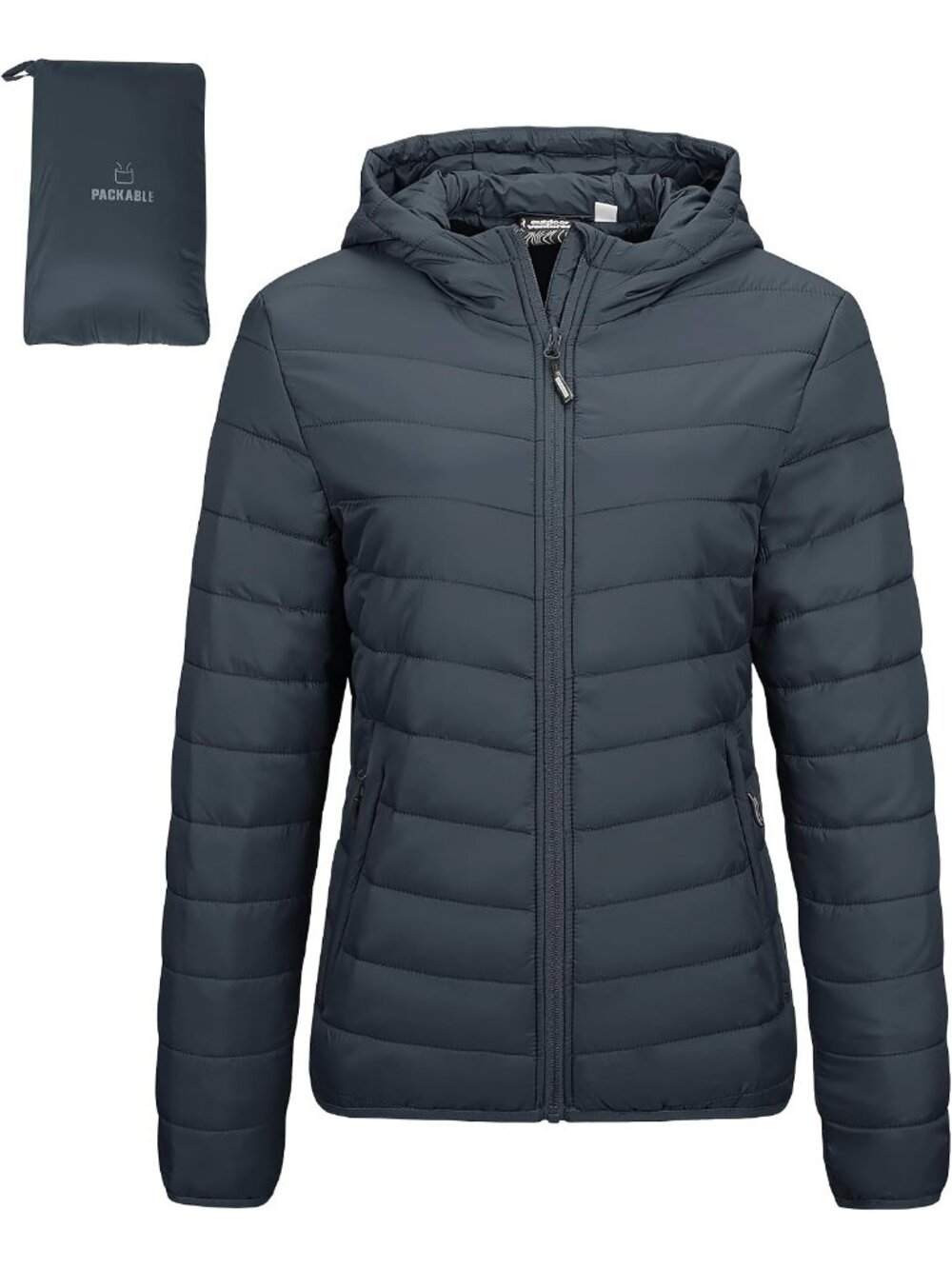 Women's Dark Grey Puffer Jackets Packable Hooded Full-Zip Quilted Winter Coats